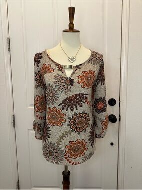 Boho Floral Long-Sleeve Tunic in Cream and Rust